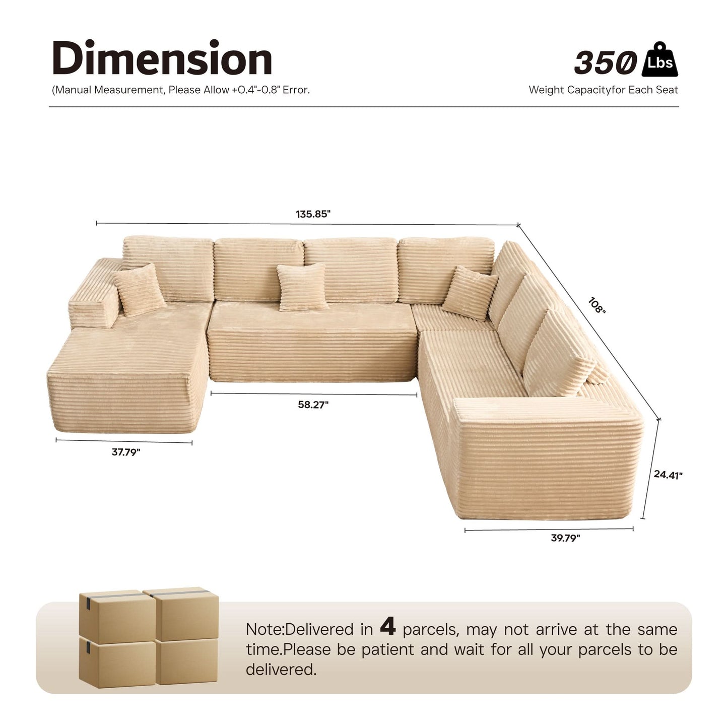 OVIOS Memory Foam Cloud Sofa: Modular L-Shape Chaise in Corduroy Fabric, No Assembly Required
