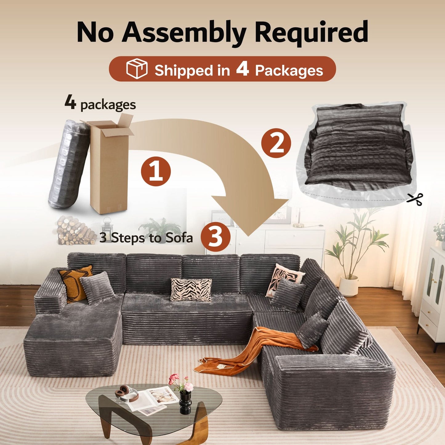 OVIOS Memory Foam Cloud Sofa: Modular L-Shape Chaise in Corduroy Fabric, No Assembly Required