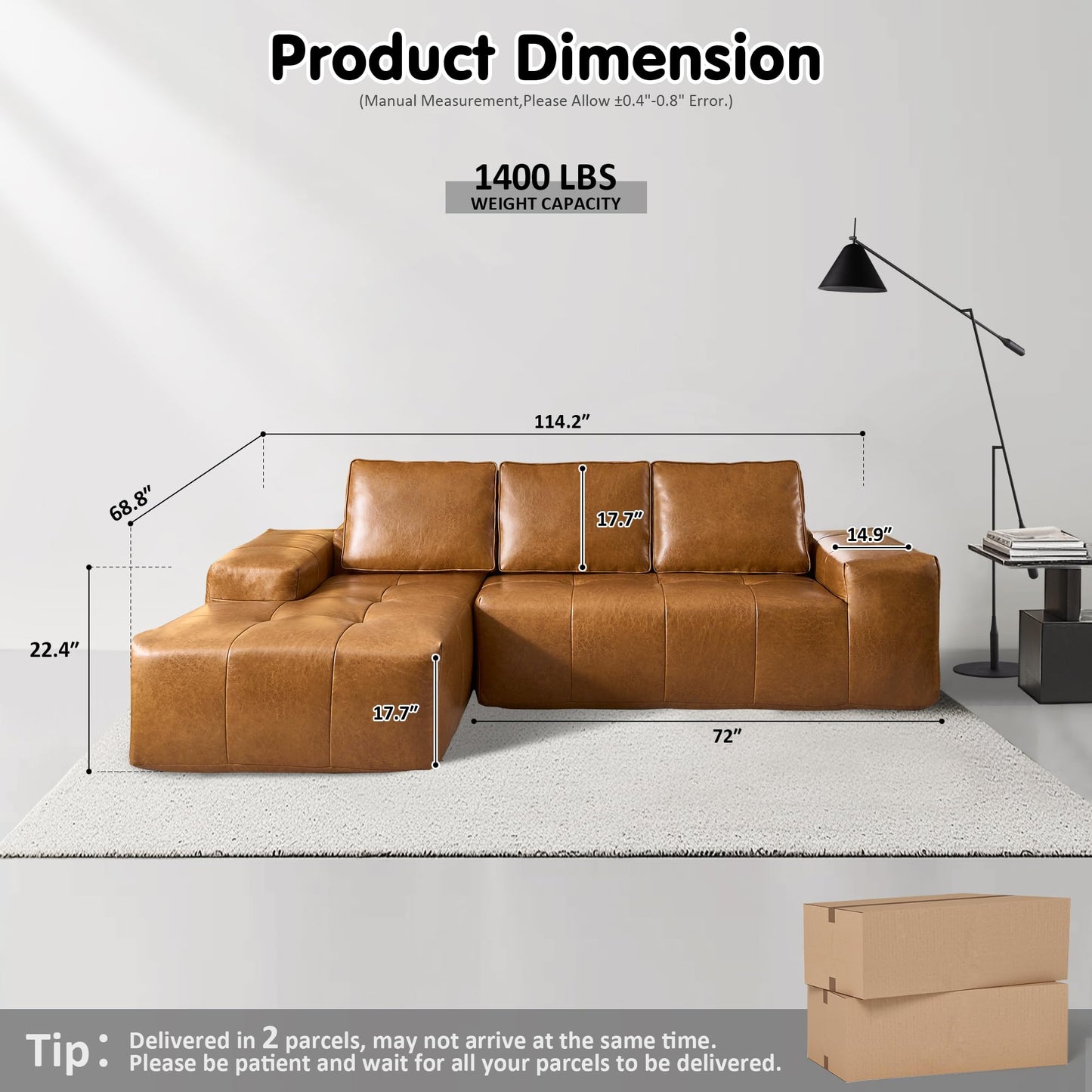 OVIOS 114" Cloud Sectional Sofa - L-Shaped Faux Leather Modular Couch with Deep Seat Chaise