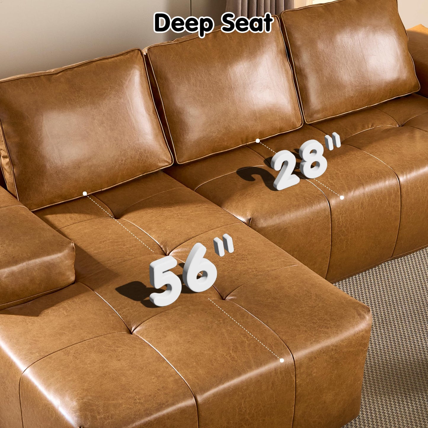 OVIOS 114" Cloud Sectional Sofa - L-Shaped Faux Leather Modular Couch with Deep Seat Chaise