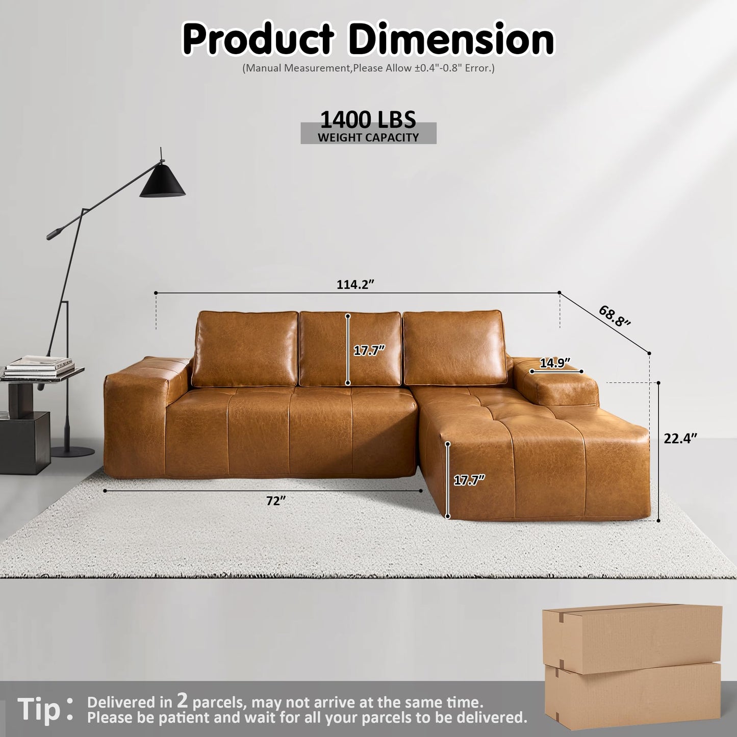OVIOS 114" Cloud Sectional Sofa - L-Shaped Faux Leather Modular Couch with Deep Seat Chaise
