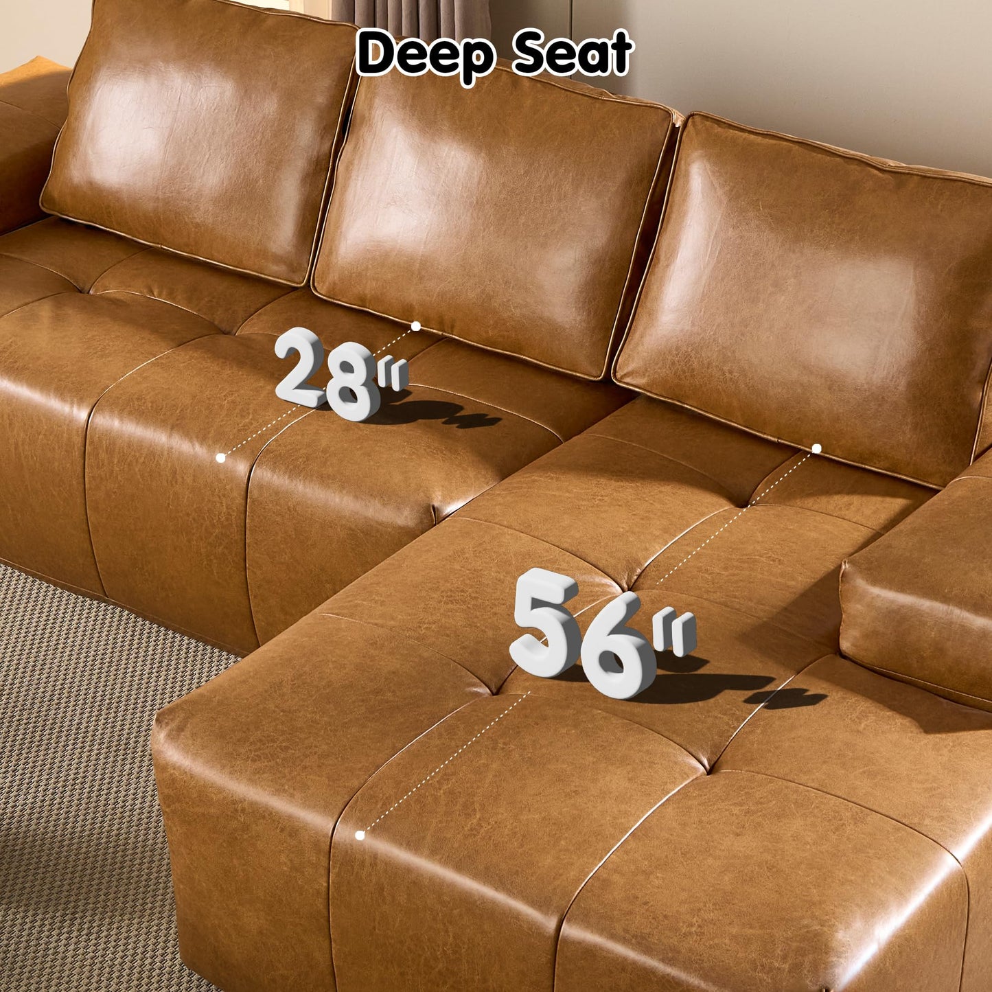 OVIOS 114" Cloud Sectional Sofa - L-Shaped Faux Leather Modular Couch with Deep Seat Chaise