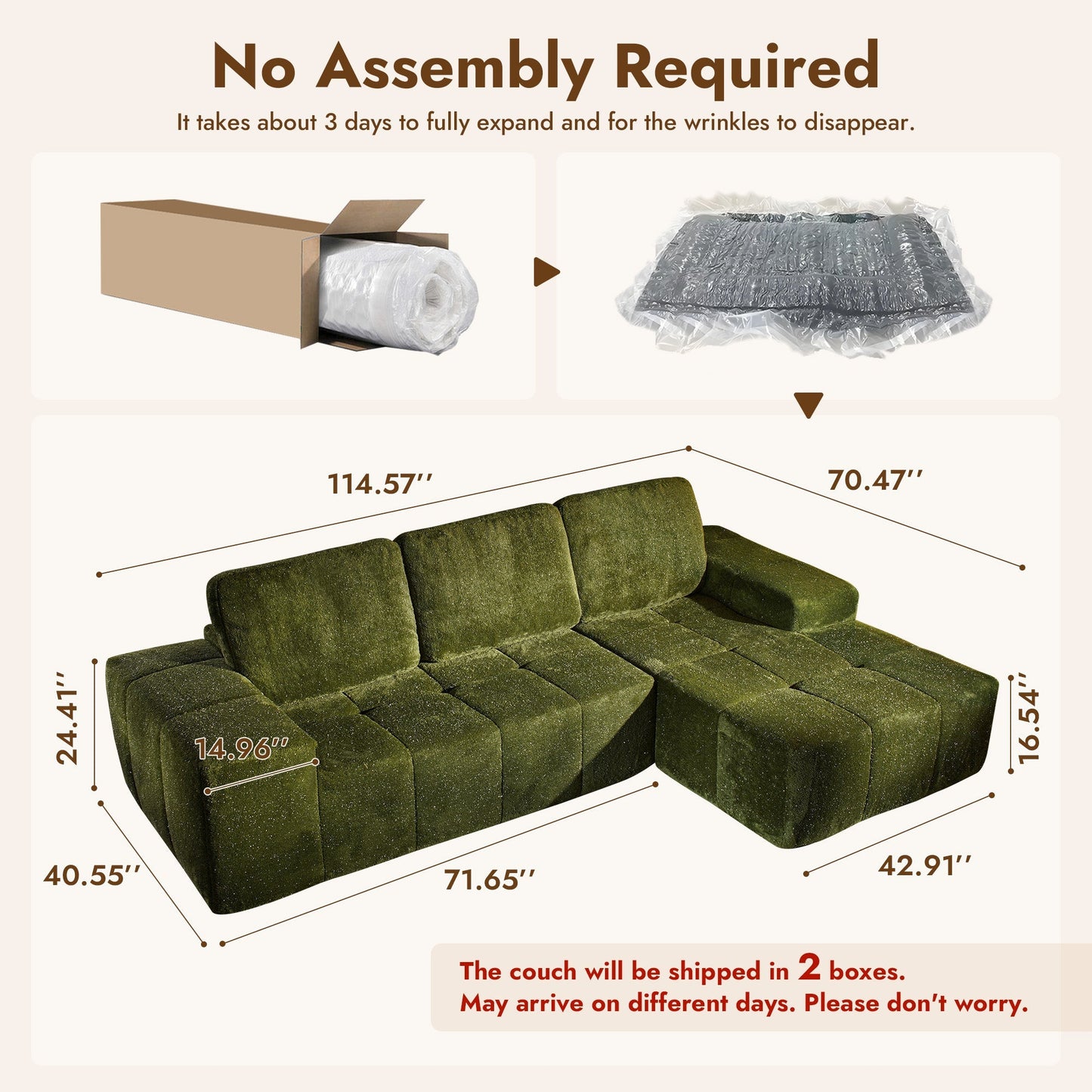 OVIOS 114" Cloud Sectional Sofa - L-Shaped Faux Leather Modular Couch with Deep Seat Chaise