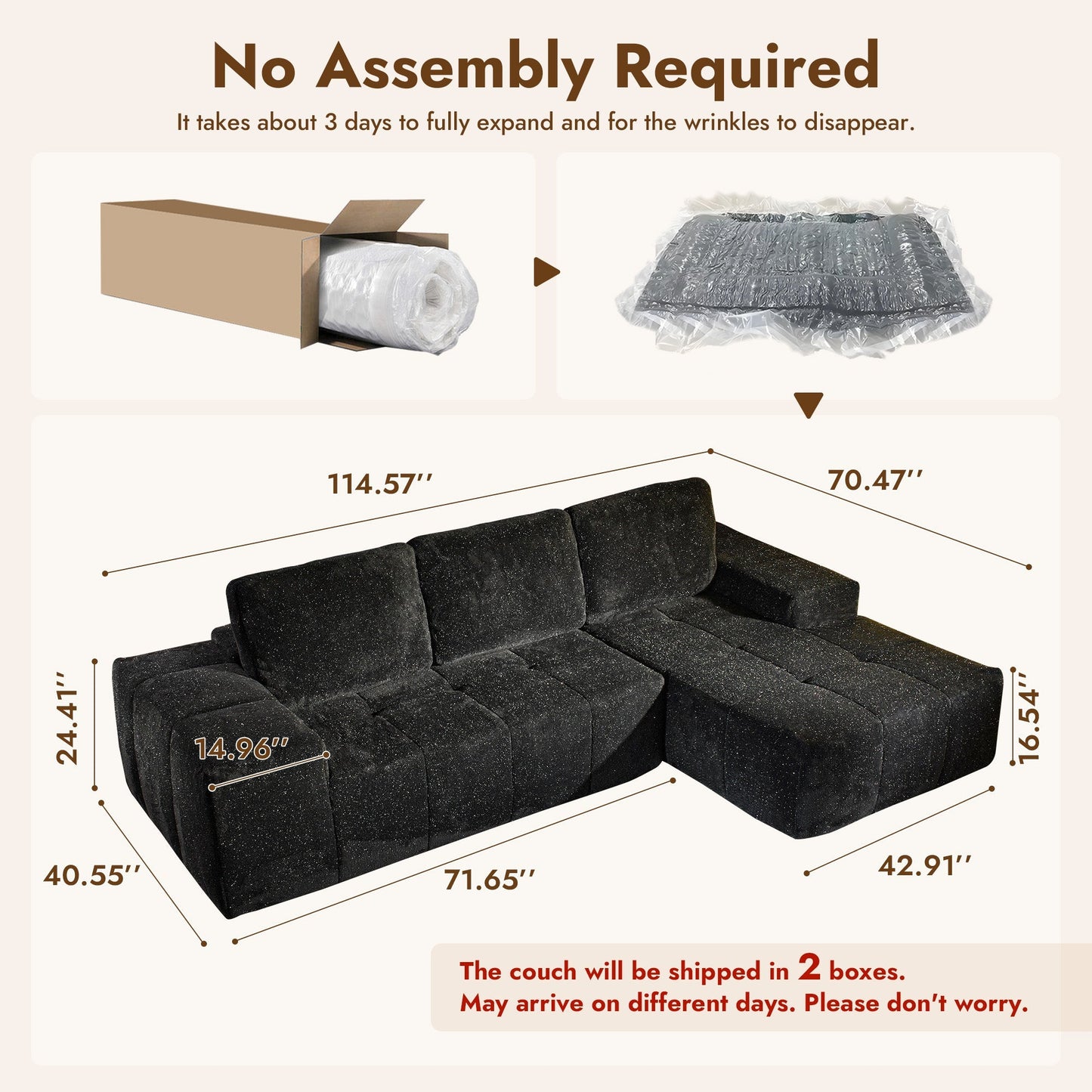 OVIOS 114" Cloud Sectional Sofa - L-Shaped Faux Leather Modular Couch with Deep Seat Chaise