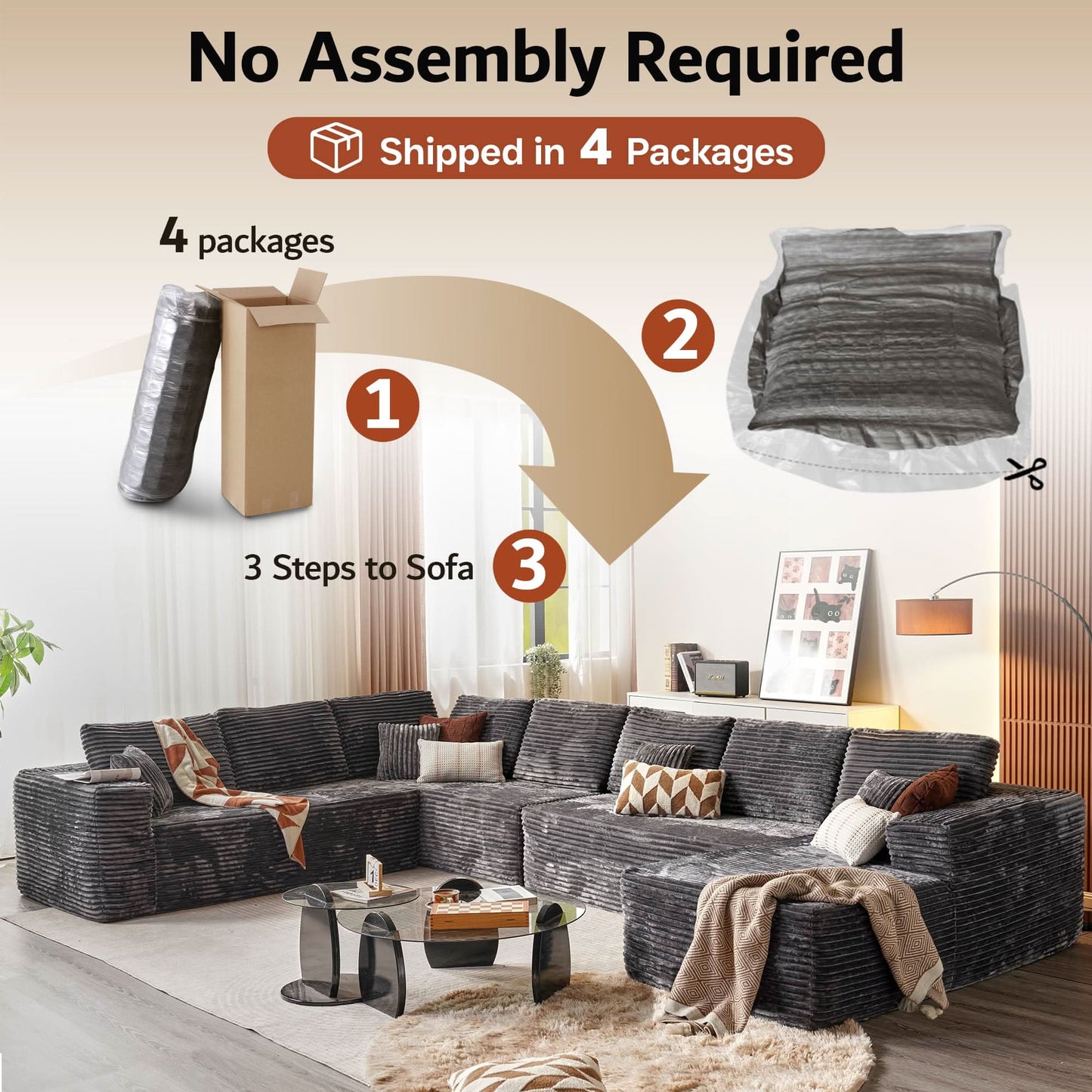 OVIOS Modular Sectional Cloud Couch, Plush Corduroy Sofa with Memory Foam, U-Shaped Chaise, No Assembly