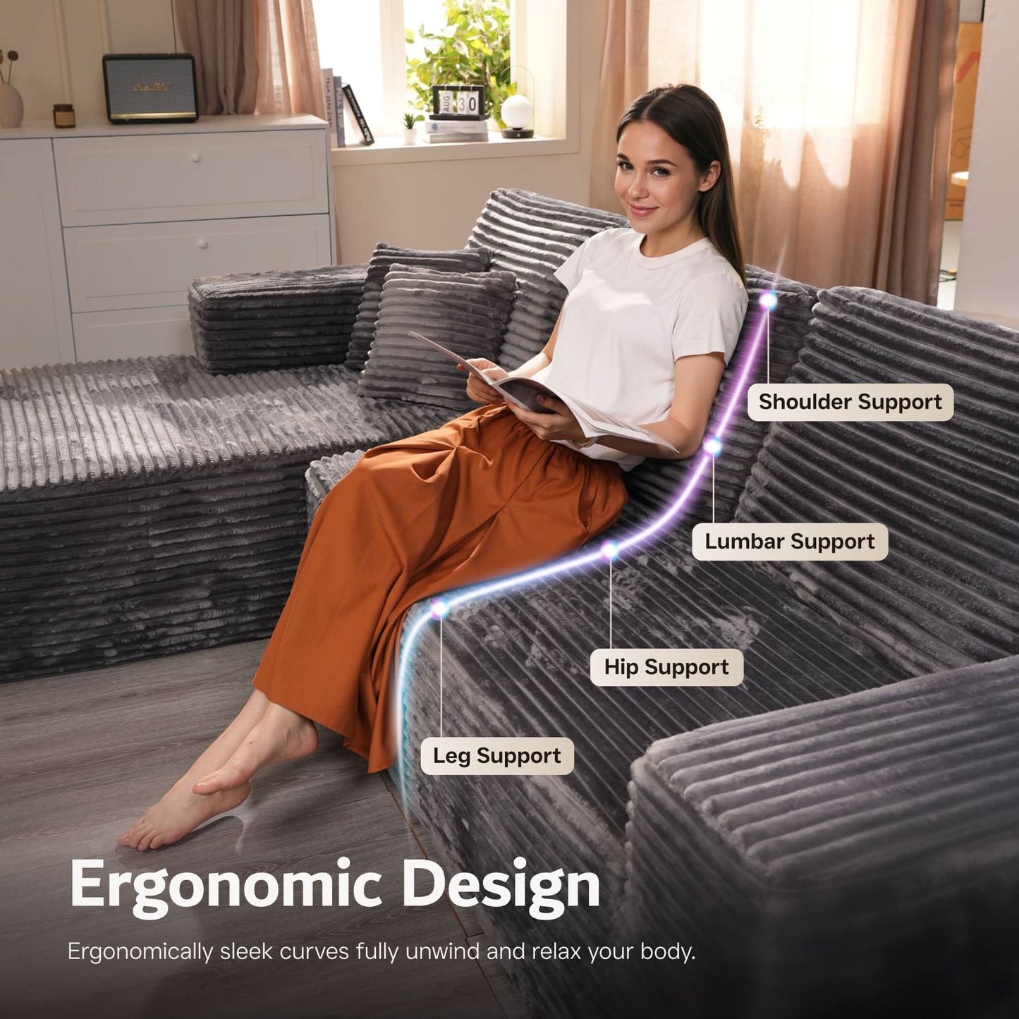 OVIOS Modular Cloud Sofa Corduroy with Memory Foam, U-Shaped Chaise, No Assembly Required