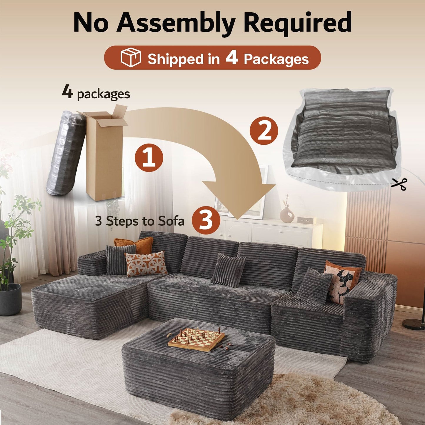 OVIOS Sectional Cloud Couch for Living Room, Modular Floor Sofa with Plush Corduroy, No Assembly Required