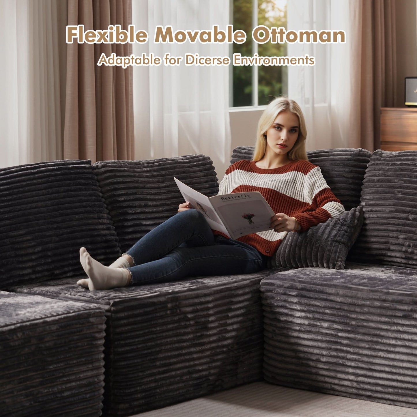 OVIOS Modular Cloud Sofa with Memory Foam, U-Shaped Chaise, Corduroy Upholstery - No Assembly Needed