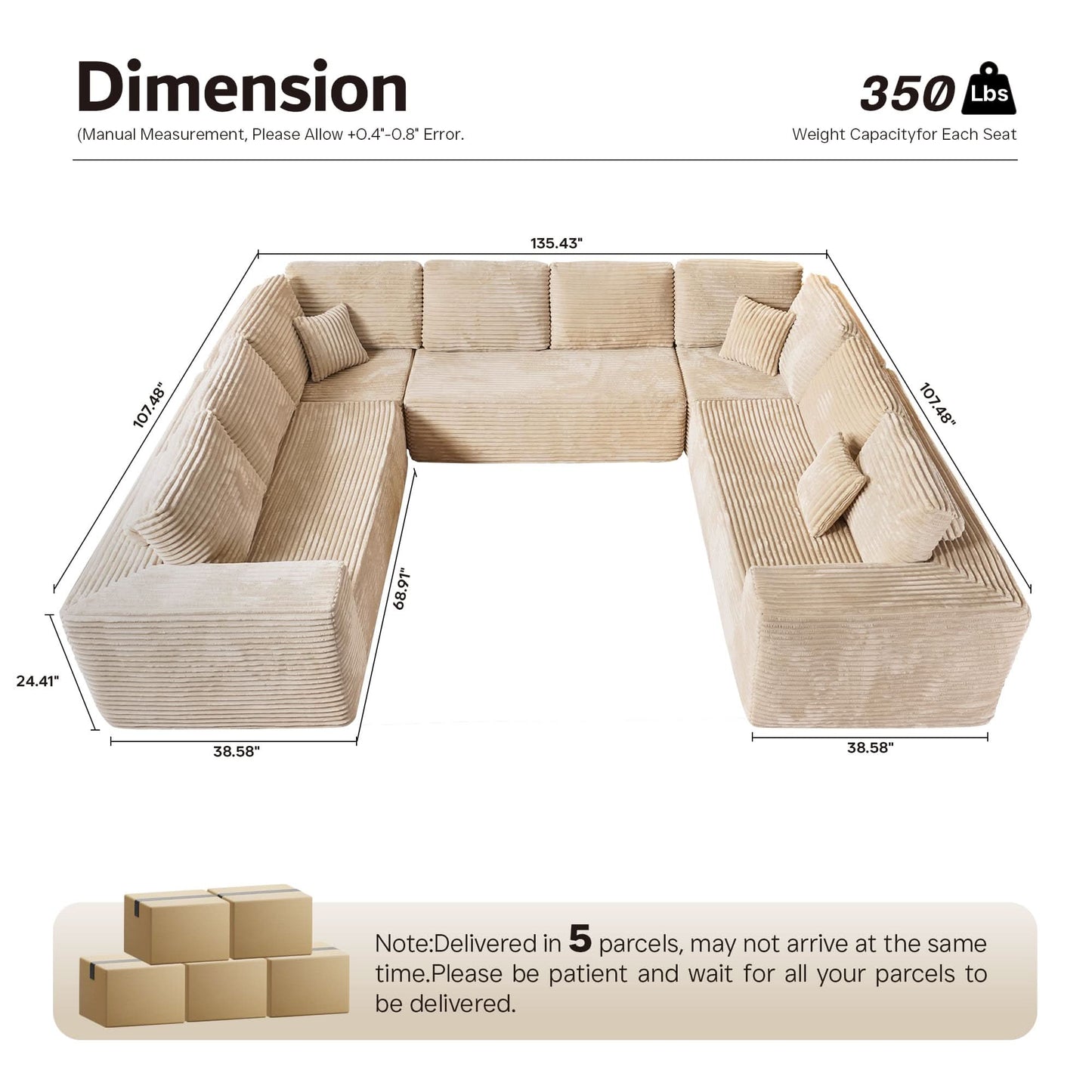 OVIOS Modular Cloud Sofa Corduroy with Memory Foam, U-Shaped Chaise, No Assembly Required