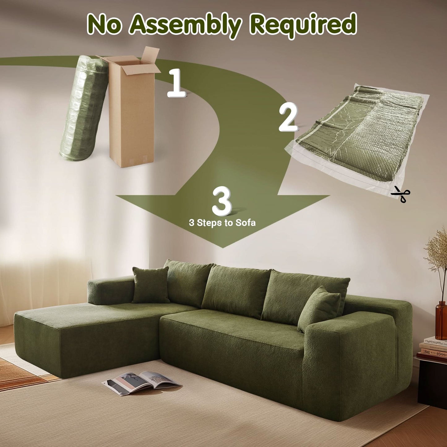 OVIOS 104" L-Shape Modular Couch with Chaise,Cloud Velvet Fabric,No Assembly Required
