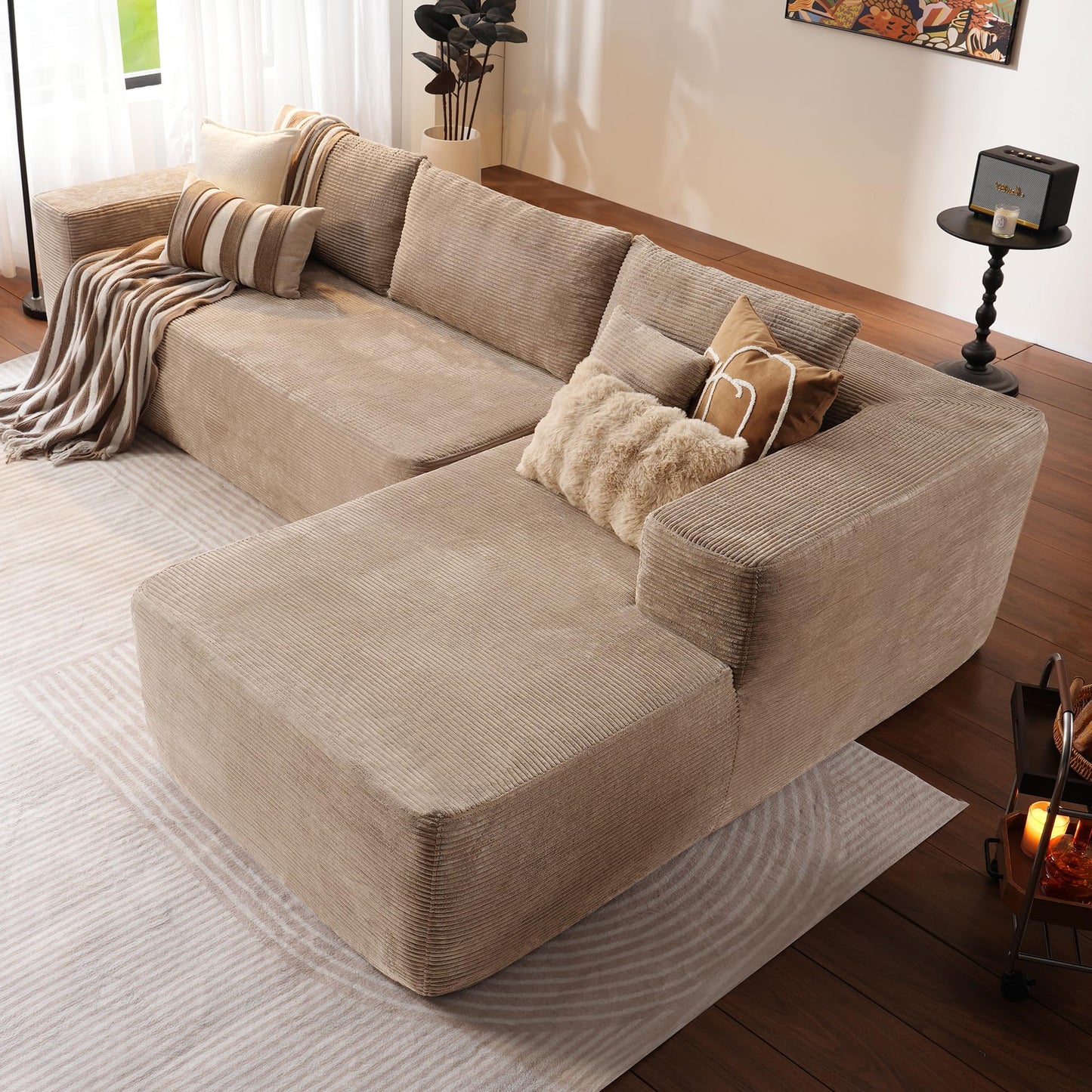 OVIOS 104" L-Shape Modular Couch with Chaise,Corduroy Fabric,No Assembly Required